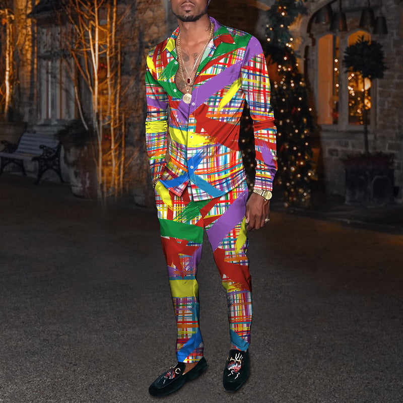 Men's Fashion Casual 3D Colorful Print Long Sleeve Shirt Set