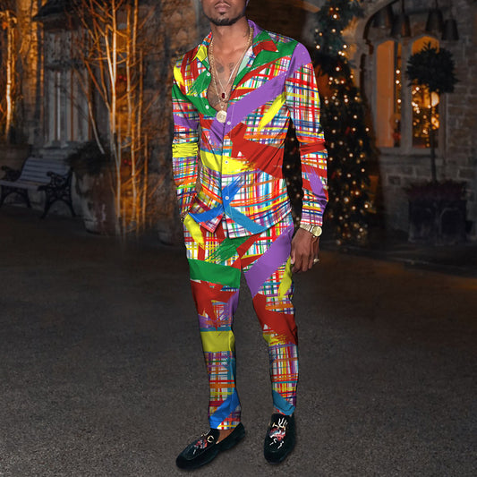 Men's Fashion Casual 3D Colorful Print Long Sleeve Shirt Set