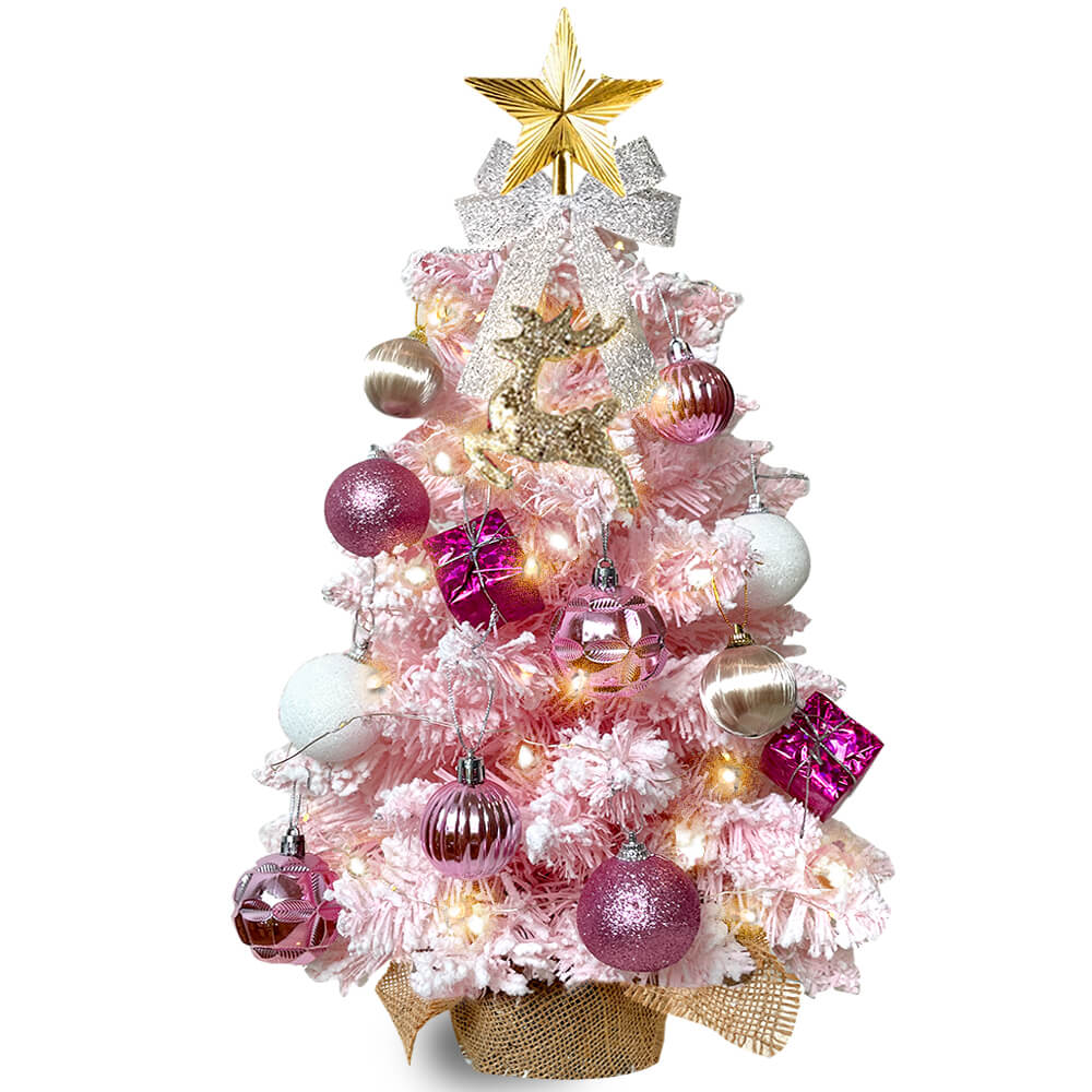 2ft Tabletop Christmas Tree With Light Artificial Small Mini Christmas Decoration With Flocked Snow, Exquisite Decor & Xmas Ornaments For Table Top For Home & Office