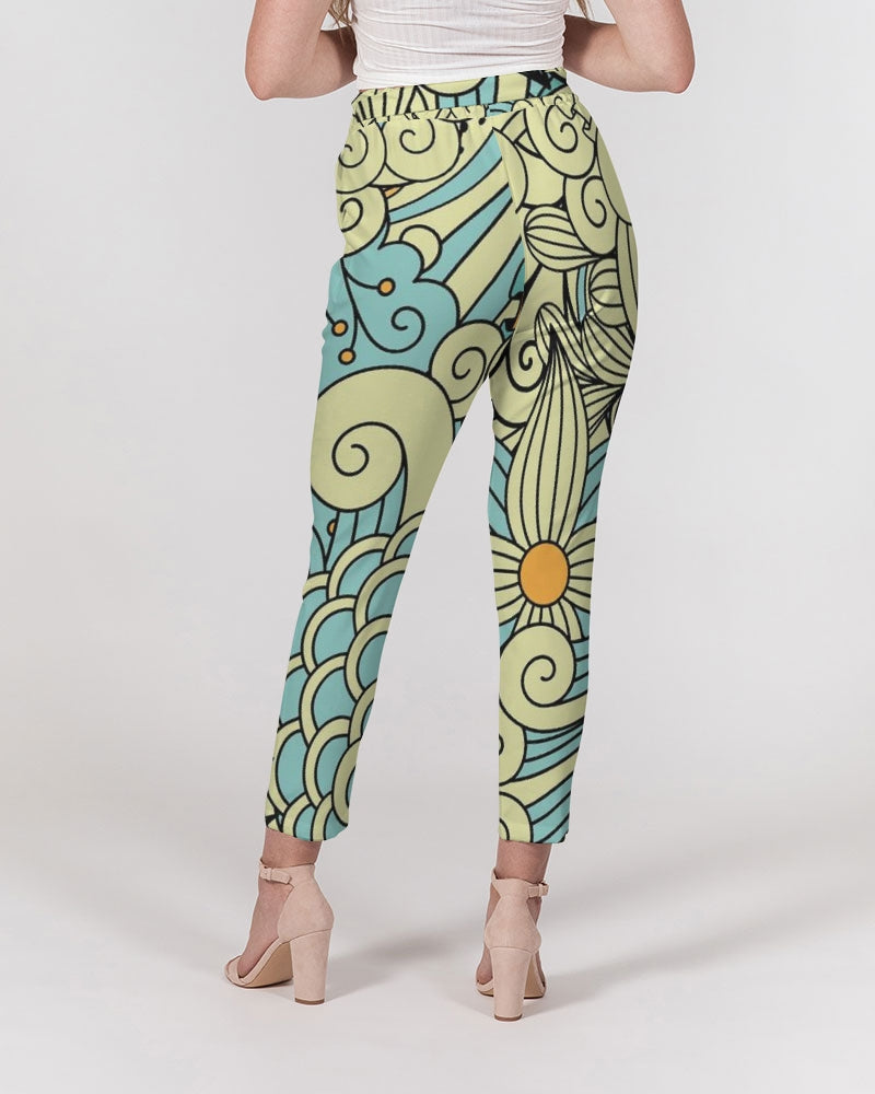 Angry yellow blue green print Women's Belted Tapered Pants