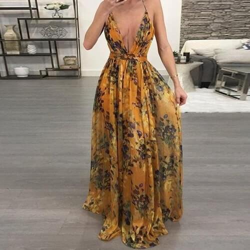 European and American deep V-neck  back chiffon dress