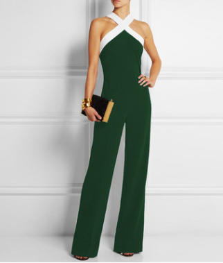 Europe and the United States women's sexy jumpsuit missing shoulder color matching waist jumpsuit trousers
