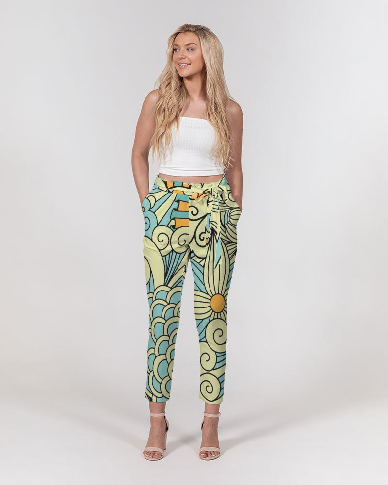 Angry yellow blue green print Women's Belted Tapered Pants