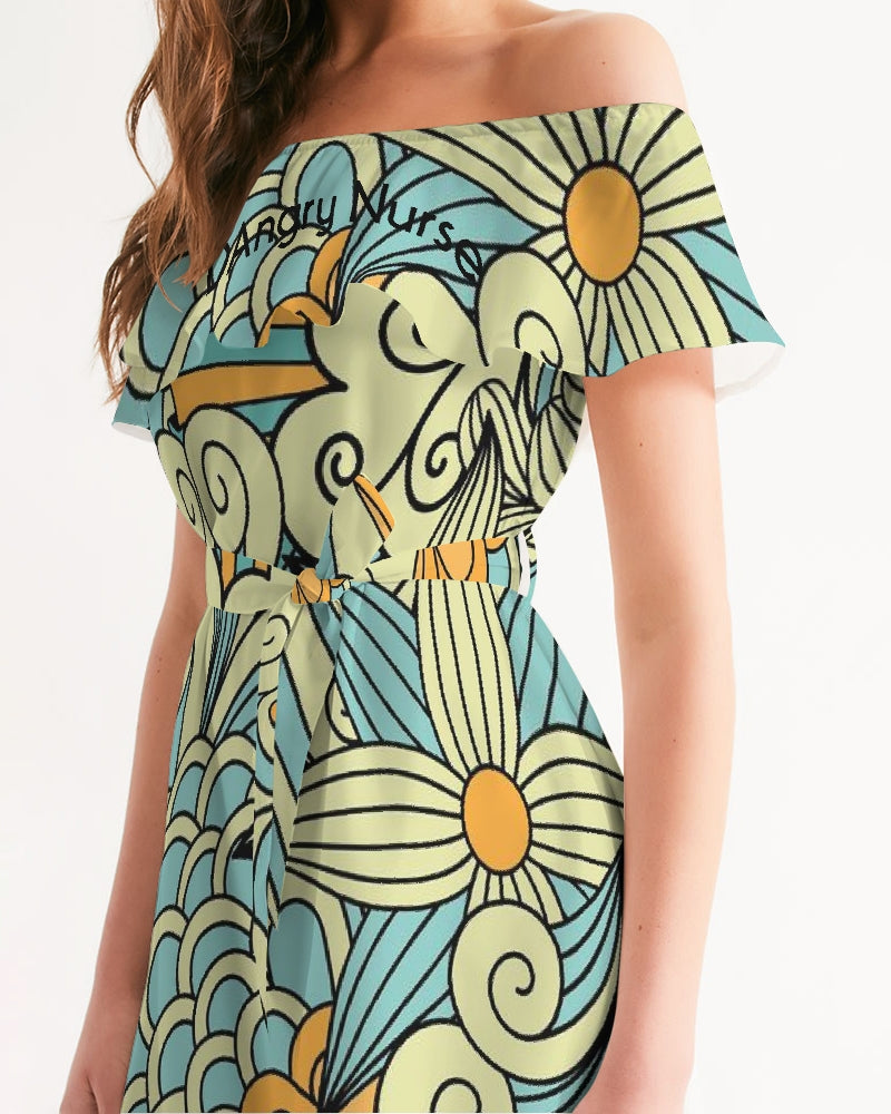 Angry yellow blue green print Women's Off-Shoulder Dress