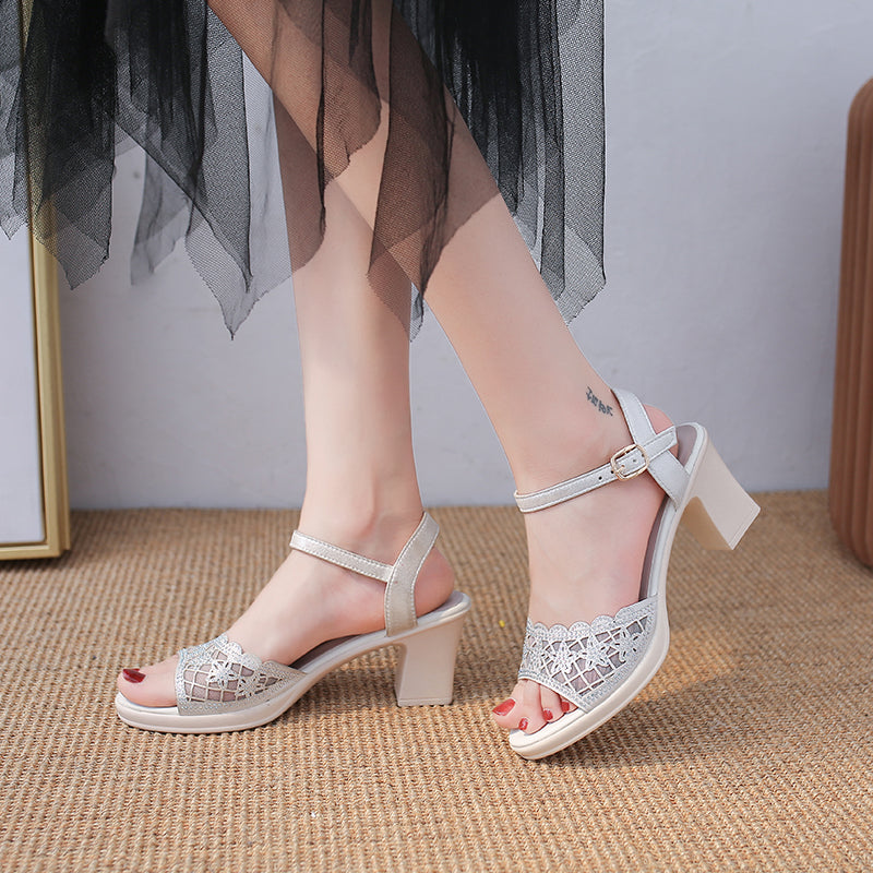 Rhinestone Hollow Word With Thick Heel Roman Shoes