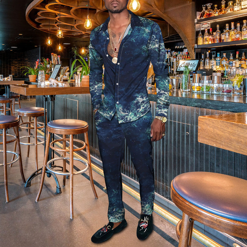 Men's Fashion Casual 3D Colorful Print Long Sleeve Shirt Set