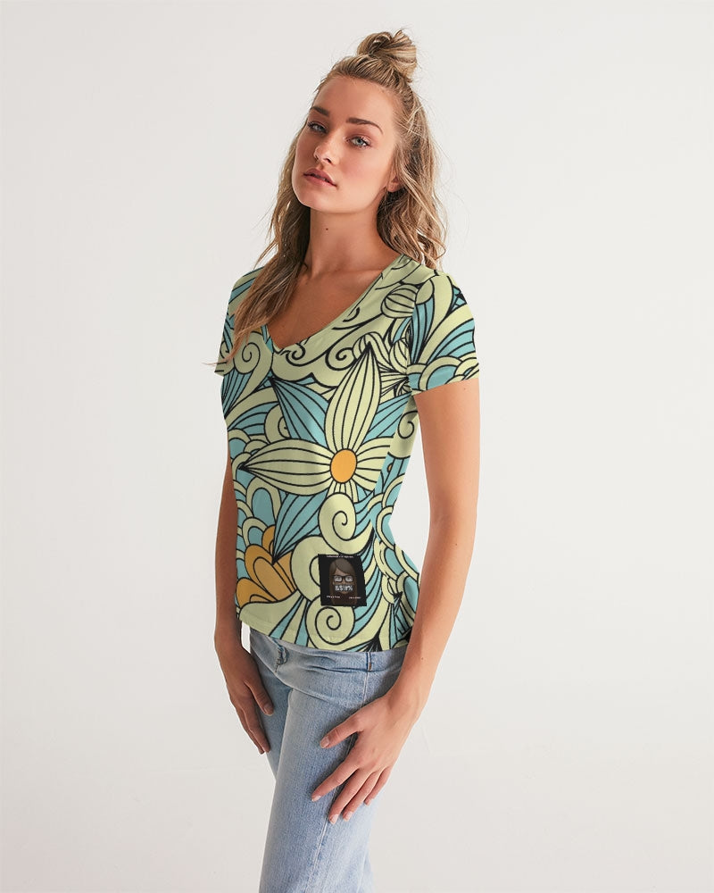 Angry yellow blue green print Women's V-Neck Tee