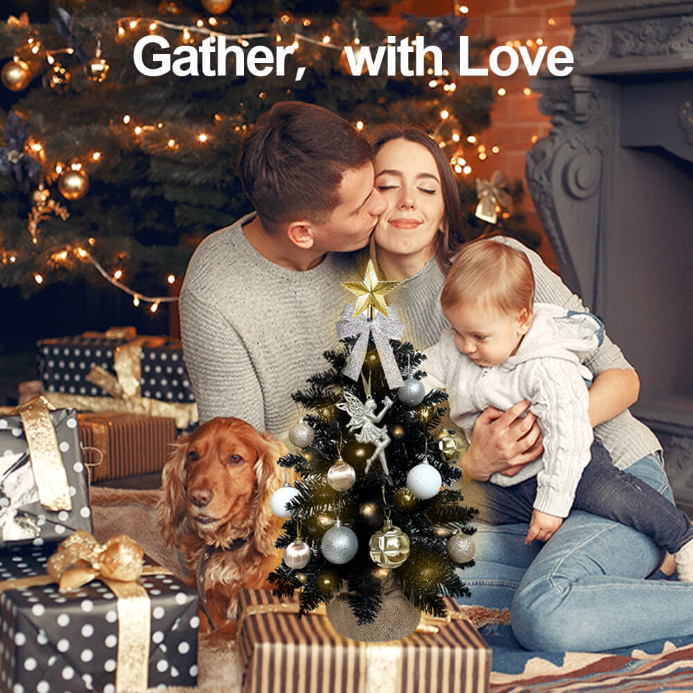 2ft Tabletop Christmas Tree With Light Artificial Small Mini Black Christmas Decoration, Exquisite Decor & Xmas Ornaments For Table Top For Home & Office