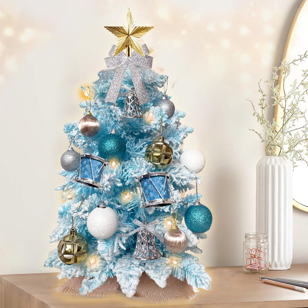 2ft Tabletop Christmas Tree With Light Artificial Small Mini Blue Christmas Decoration With Flocked Snow, Exquisite Decor & Xmas Ornaments For Table Top For Home & Office