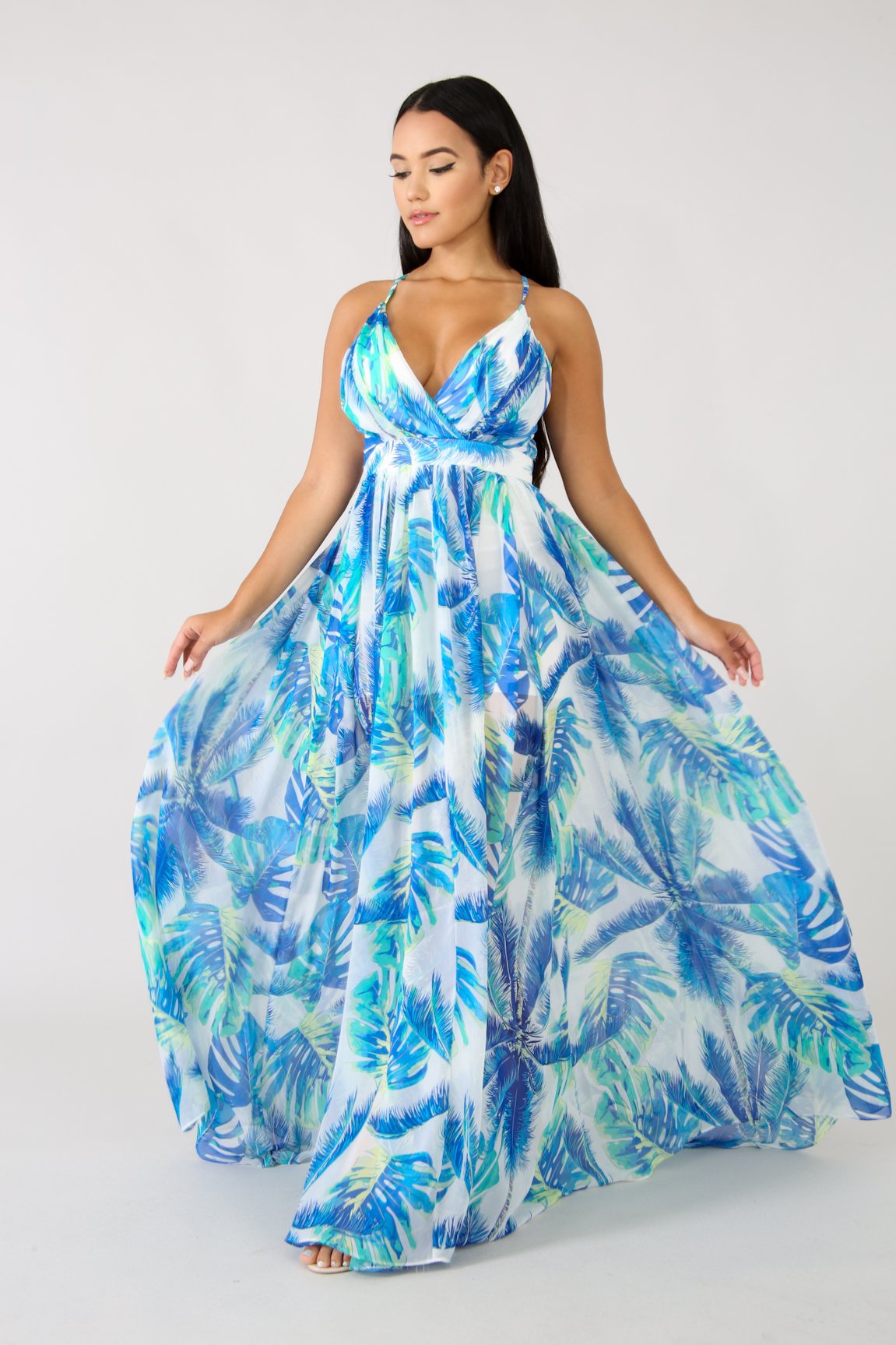 European and American deep V-neck  back chiffon dress