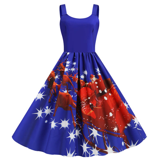 Vest Print Hepburn Vintage Swing Skirt Christmas Dress