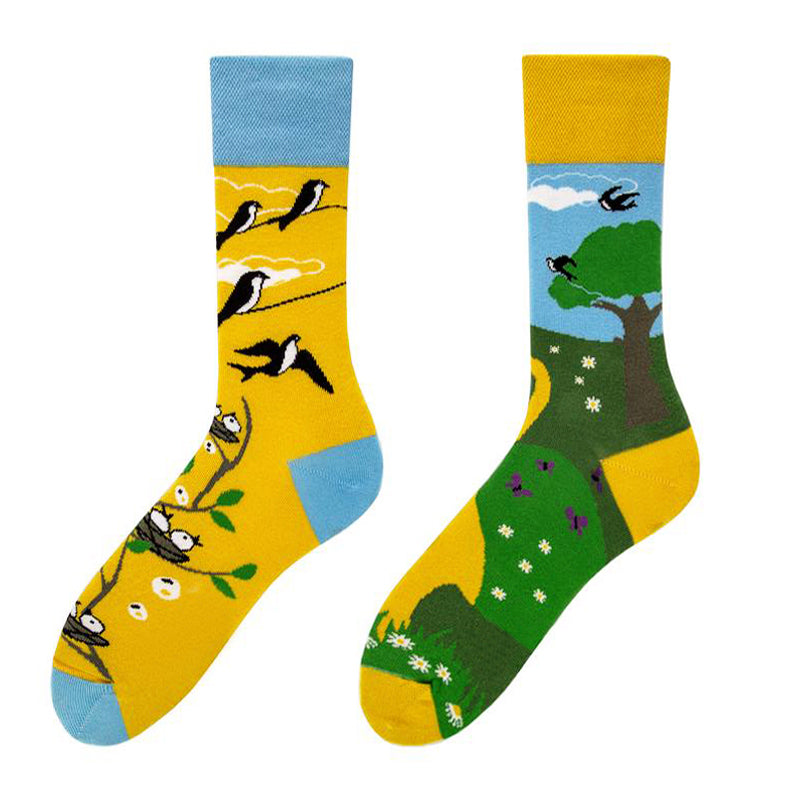 Asymmetrical Color Retro Personality Male And Female Couple Mid-length Cotton Socks