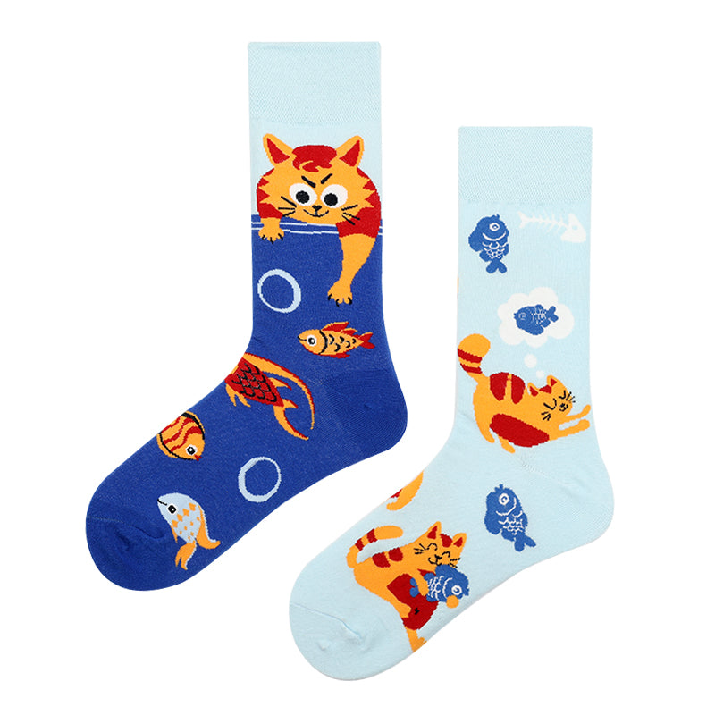 Asymmetrical Color Retro Personality Male And Female Couple Mid-length Cotton Socks