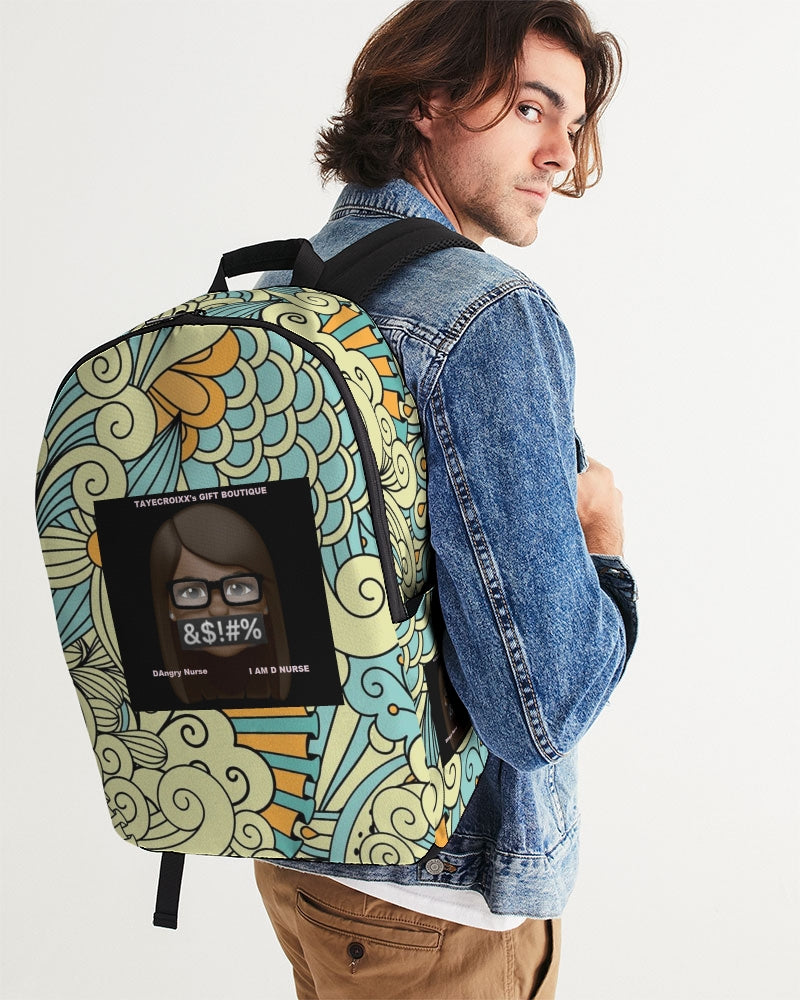 Angry yellow blue green print Large Backpack