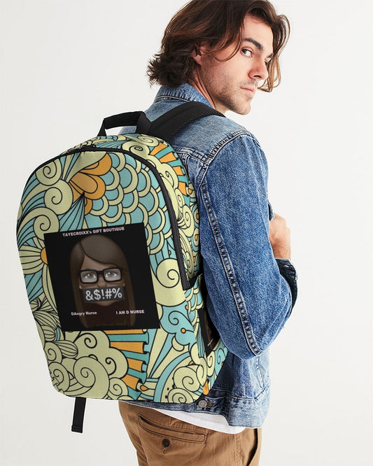 Angry yellow blue green print Large Backpack