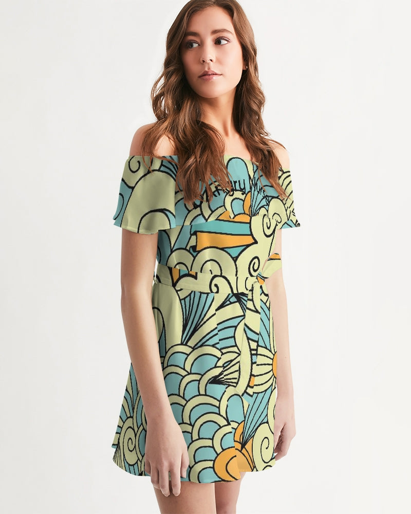 Angry yellow blue green print Women's Off-Shoulder Dress