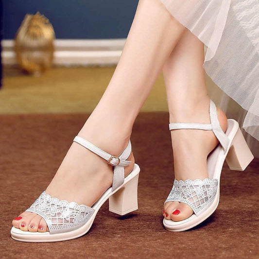 Rhinestone Hollow Word With Thick Heel Roman Shoes