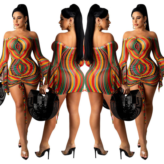 Sexy One-Shoulder Mesh Printed Long-Sleeved Flared Sleeve Dress