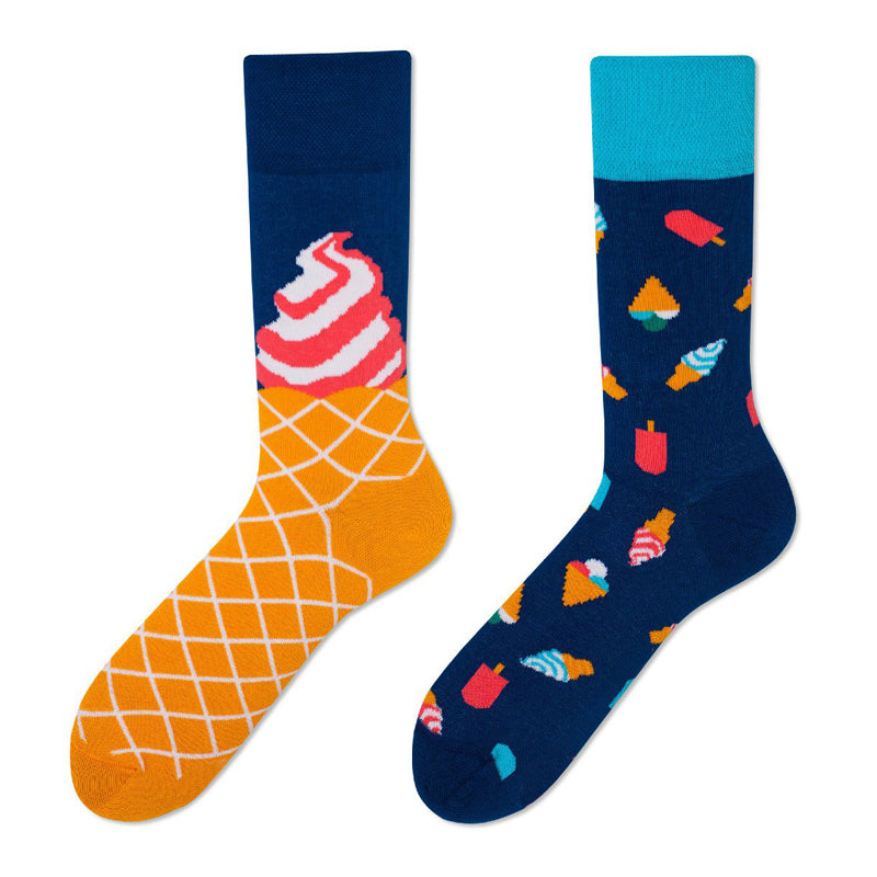 Asymmetrical Color Retro Personality Male And Female Couple Mid-length Cotton Socks