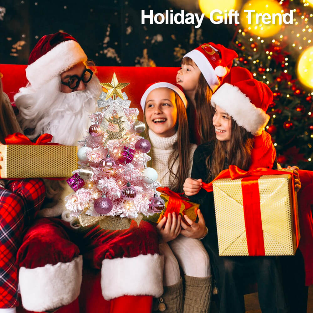 2ft Tabletop Christmas Tree With Light Artificial Small Mini Christmas Decoration With Flocked Snow, Exquisite Decor & Xmas Ornaments For Table Top For Home & Office