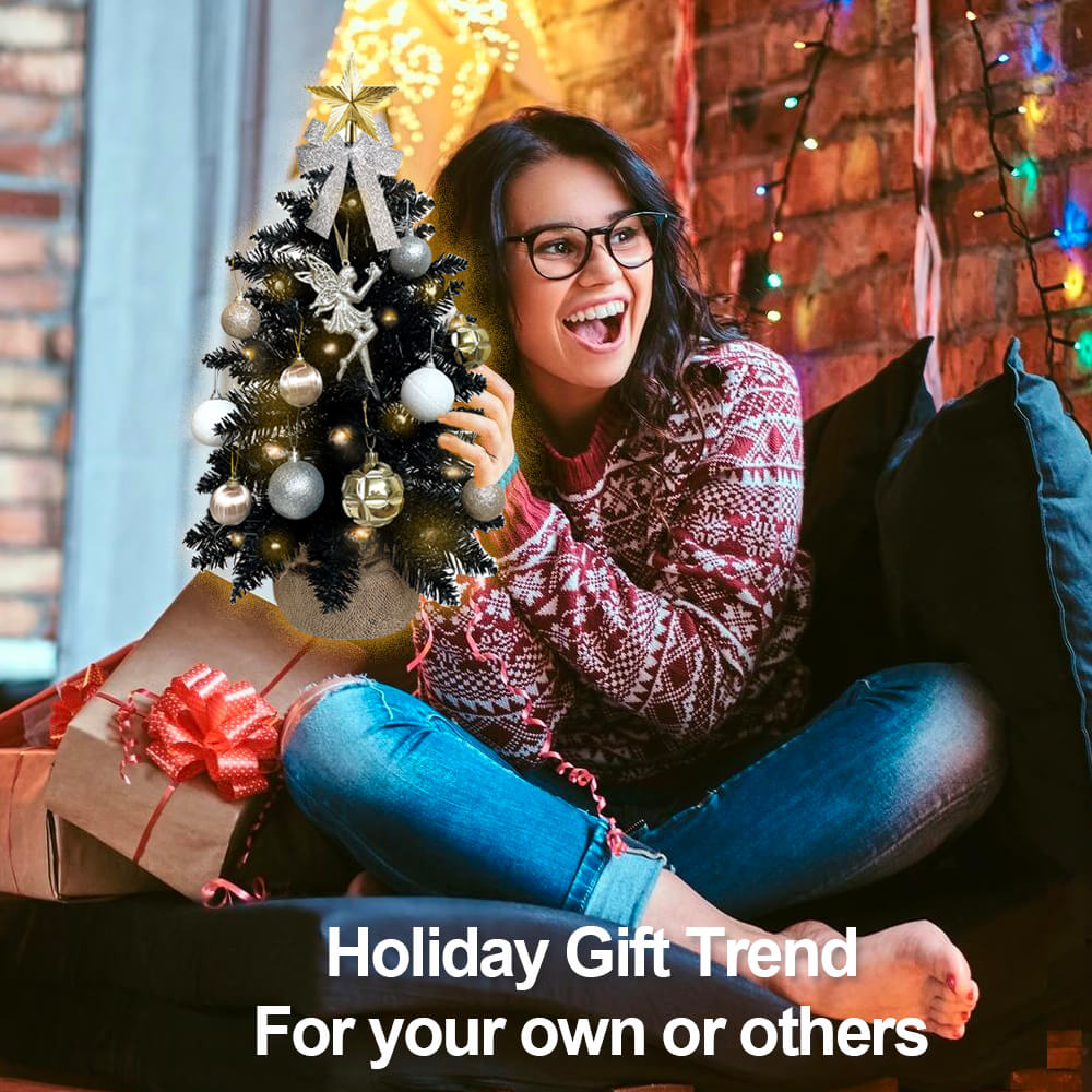 2ft Tabletop Christmas Tree With Light Artificial Small Mini Black Christmas Decoration, Exquisite Decor & Xmas Ornaments For Table Top For Home & Office