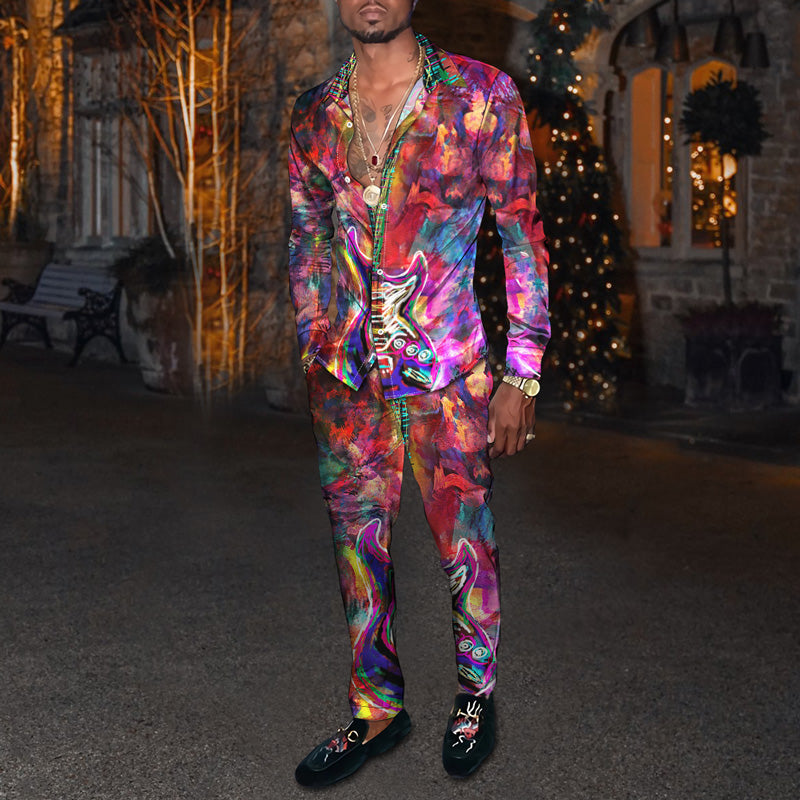 Men's Fashion Casual 3D Colorful Print Long Sleeve Shirt Set