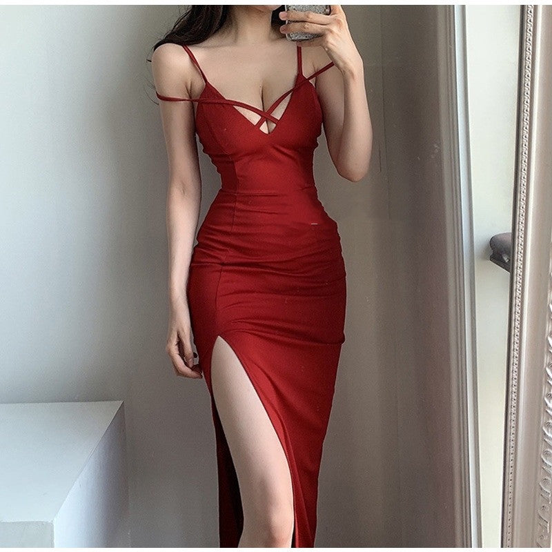 Cross Hollow Bag Hip Waist Temperament Slim Solid Color Dress