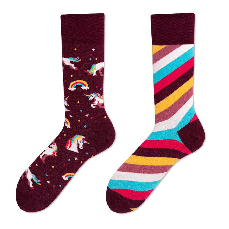 Asymmetrical Color Retro Personality Male And Female Couple Mid-length Cotton Socks