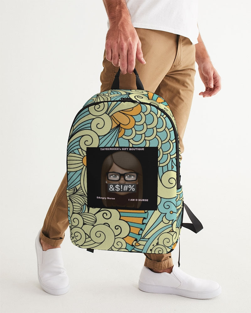 Angry yellow blue green print Large Backpack