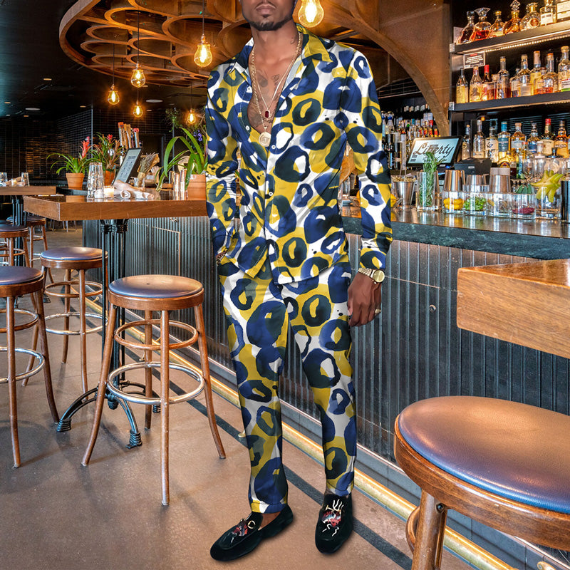 Men's Fashion Casual 3D Colorful Print Long Sleeve Shirt Set